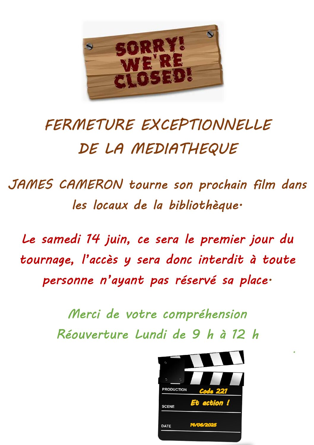 Fermeture exceptionnelle médiathèque